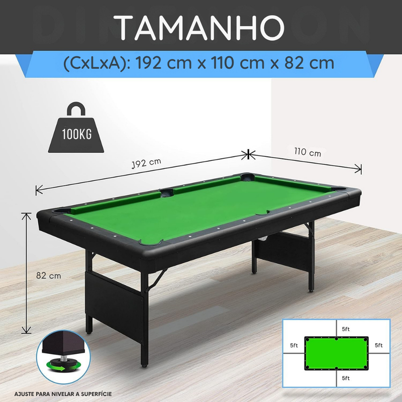 (ESTOQUE LIMITADO) Mesa de Bilhar Dobrável em MDF Reforçado - Suporta até 100kg + Kit Completo de Brinde