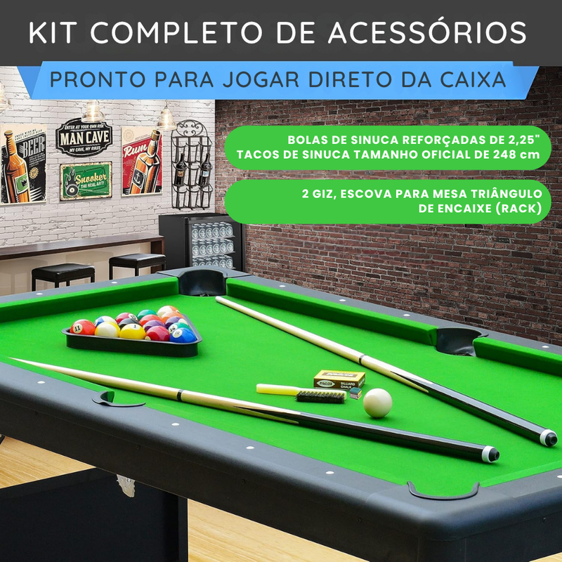 (ESTOQUE LIMITADO) Mesa de Bilhar Dobrável em MDF Reforçado - Suporta até 100kg + Kit Completo de Brinde