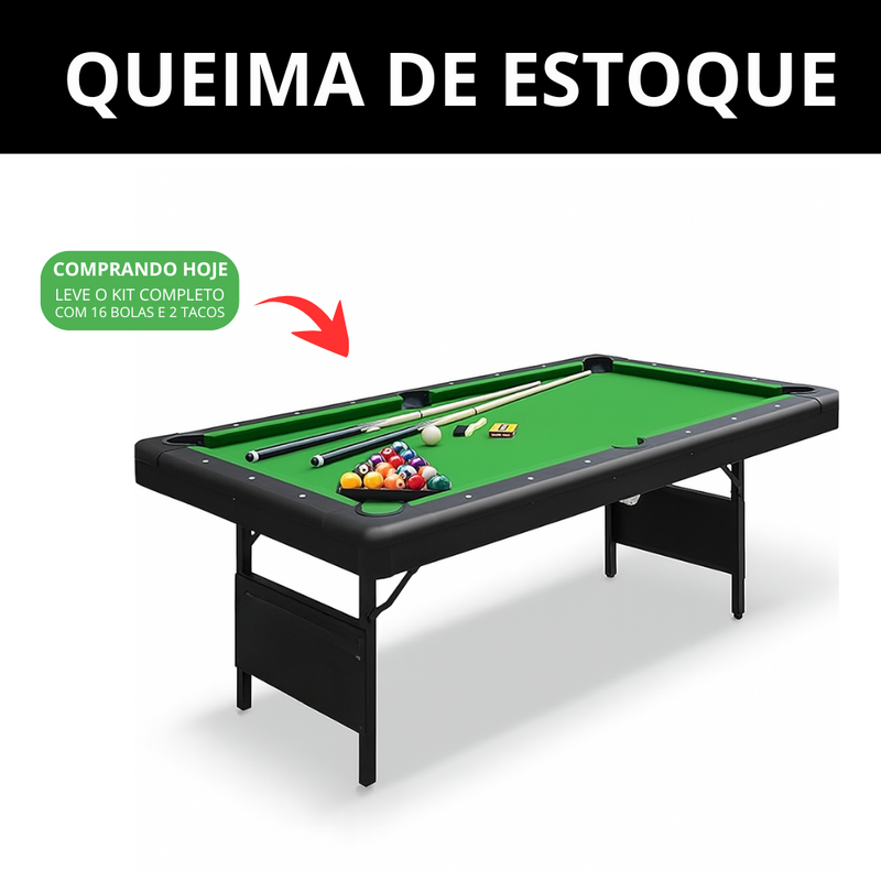 (ESTOQUE LIMITADO) Mesa de Bilhar Dobrável em MDF Reforçado - Suporta até 100kg + Kit Completo de Brinde