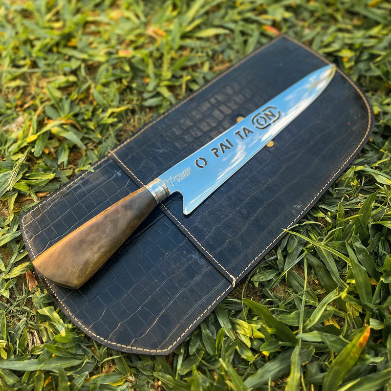 Faca  Artesanal P/ Churrasco 10" 3mm Lâmina com Cabo madeira + Case especial em couro - VARIOS TEMAS NA LAMINA