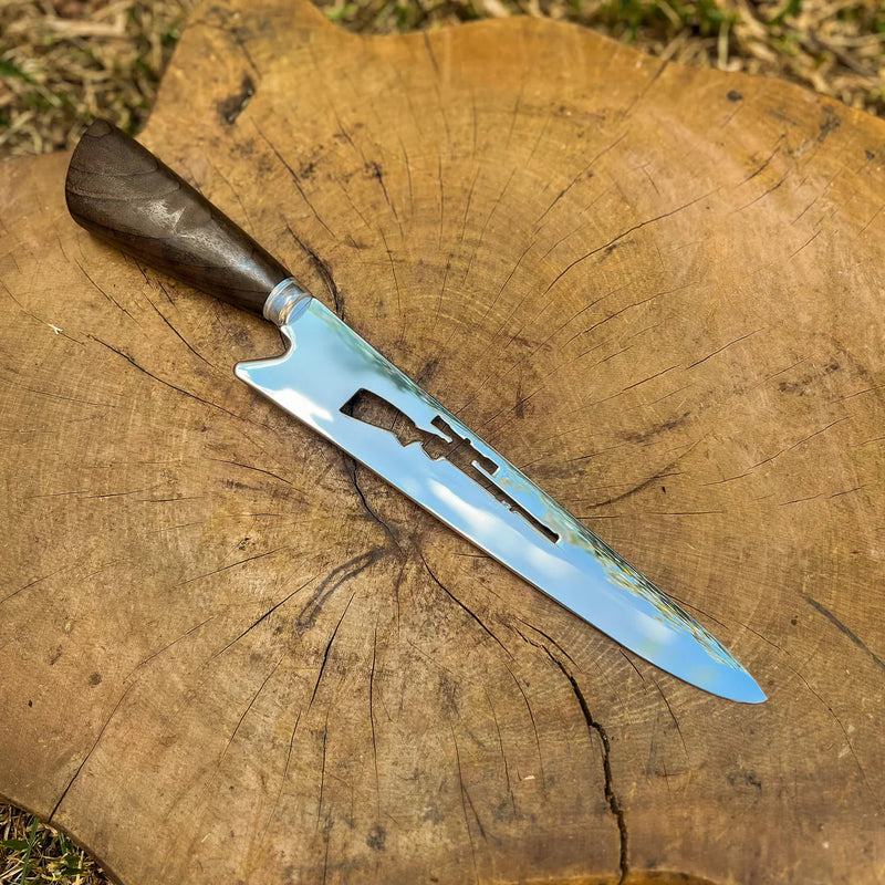 Faca  Artesanal P/ Churrasco 10" 3mm Lâmina com Cabo madeira + Case especial em couro - VARIOS TEMAS NA LAMINA